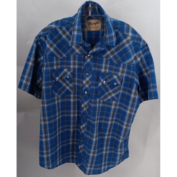 Wrangler Men's Western Shirt Size: L Pearl Snap Short Sleeve Black Blue Red - Picture 1 of 3